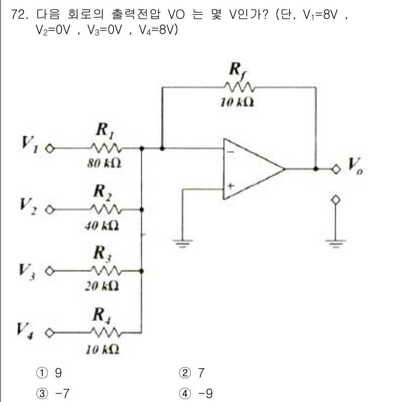전자산업기사 2019년 72번 - 주어진 회로에서 출력 전압 \( V_o \)는 비례적 가중합을 이용하여 ... 에 관한 핵심 기출문제