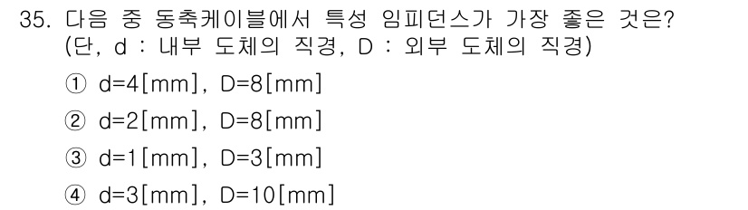 통신설비기능장 2019년 35번 - . 

특성 임피던스는 도체의 직경에 따라 달라지며, 내외 도체의 직경 ... 에 관한 핵심 기출문제