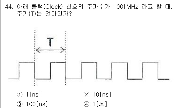통신설비기능장 2019년 44번 - 신호의 주파수(100 MHz)는 주기의 역수로 계산됩니다. 주기 T는 1... 에 관한 핵심 기출문제