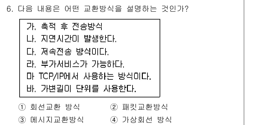 통신설비기능장 2019년 6번 - 정답은 "3. TCP/IP에서 사용하는 방식"입니다. TCP/IP는 데이... 에 관한 핵심 기출문제