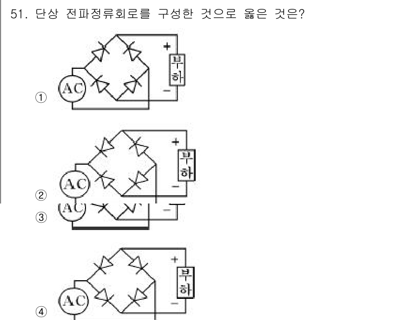 전기산업기사 2019년 51번 - 단상 전피정류 회로는 다이오드를 사용하여 교류 전압을 정류하여 직류로 변... 에 관한 핵심 기출문제