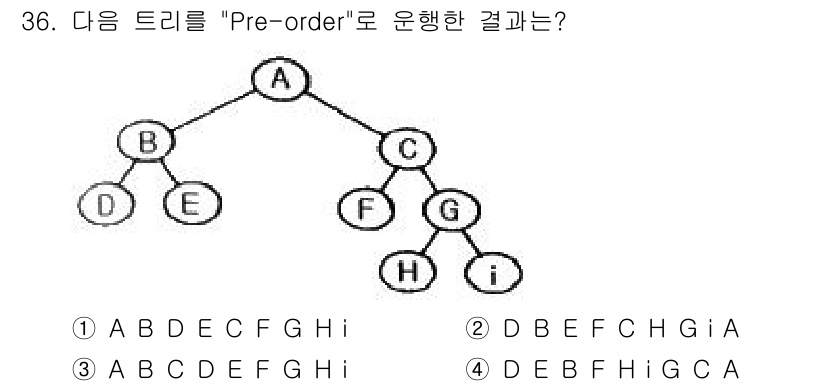 컴퓨터시스템기사(A형) 2019년 36번 - Pre-order traversal은 노드를 방문하는 순서가 "루트 ->... 에 관한 핵심 기출문제