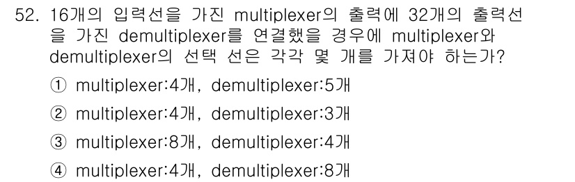컴퓨터시스템기사(A형) 2019년 52번 - 16개의 입력선을 가진 multiplexer와 32개의 출력을 가진 de... 에 관한 핵심 기출문제