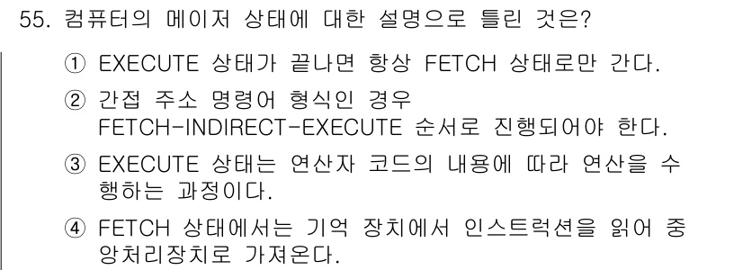 컴퓨터시스템기사(A형) 2019년 55번 - . 

FETCH 상태는 명령어를 메모리에서 가져오는 과정으로, EXEC... 에 관한 핵심 기출문제