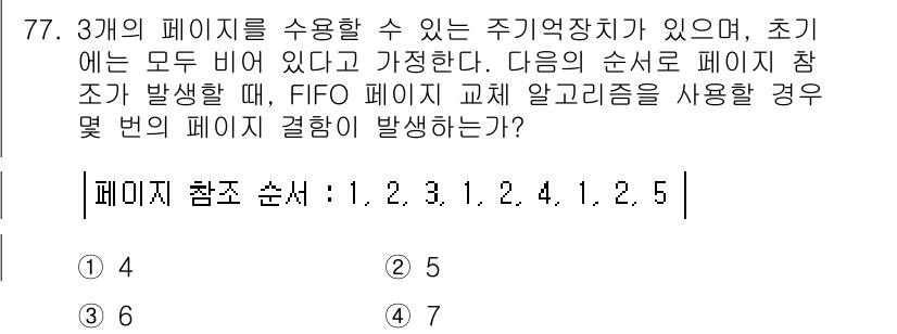 컴퓨터시스템기사(A형) 2019년 77번 - 문제에서 주어진 페이지 참조 순서 1, 2, 3, 1, 4, 2, 4, ... 에 관한 핵심 기출문제