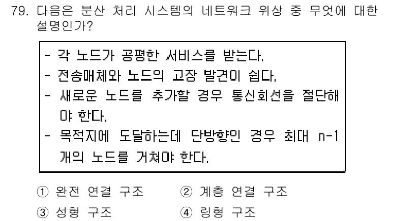 컴퓨터시스템기사(A형) 2019년 79번 - 정답 4는 네트워크의 연결성을 설명하는 데 적합합니다. 각 노드가 통신을... 에 관한 핵심 기출문제