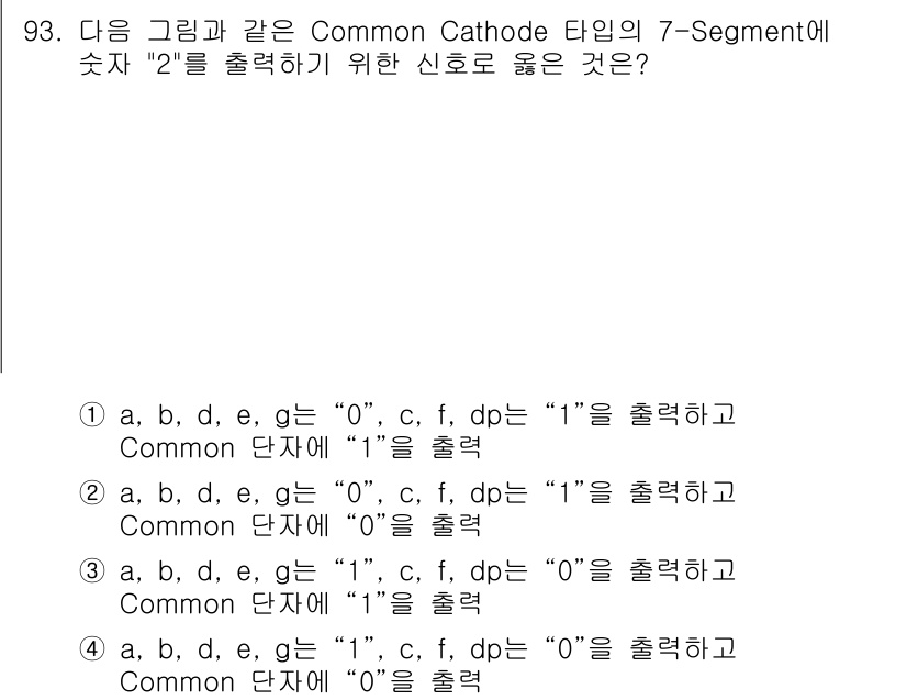 컴퓨터시스템기사(A형) 2019년 93번 - 정답 4번은 Common Cathode 타입의 7-Segment에서 "2... 에 관한 핵심 기출문제