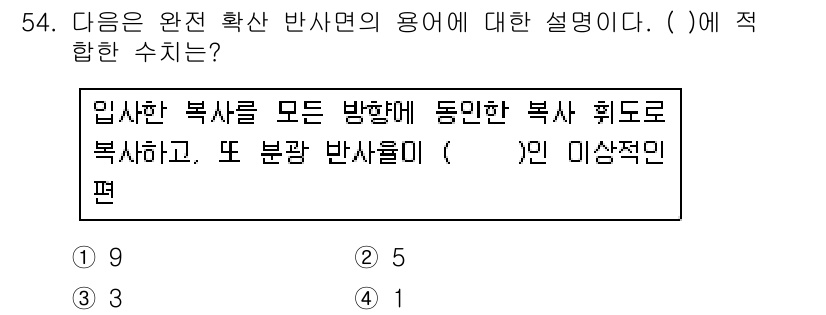 컬러리스트산업기사 2019년 54번 - 정답은 4입니다. 완전 확산 반사면은 입사한 복사를 모든 방향으로 동민한... 에 관한 핵심 기출문제