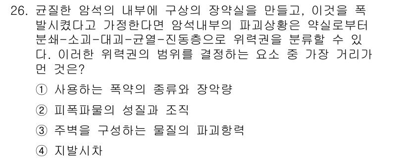 화약류관리기사 2019년 26번 - 규제된 암석 내부의 장약실은 폭발의 성질과 조성을 결정하며, 이는 폭발의... 에 관한 핵심 기출문제