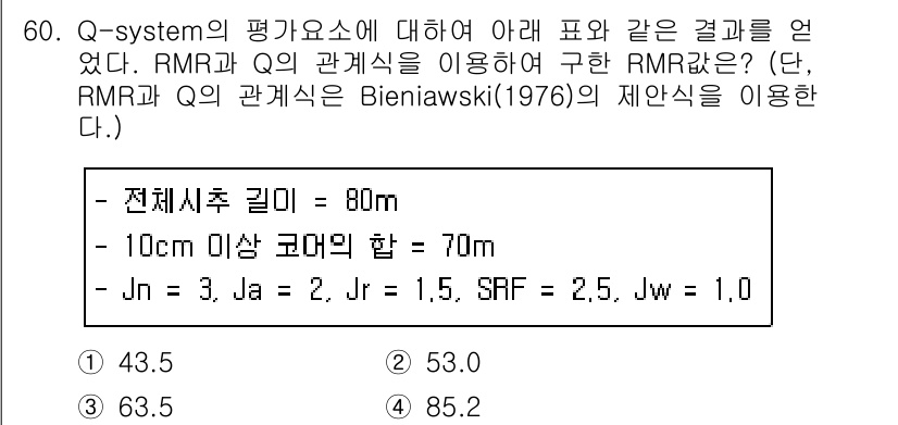 화약류관리기사 2019년 60번 - 질문에 제시된 조건에 따라 RMR과 Q의 관계를 Bieniawski(19... 에 관한 핵심 기출문제