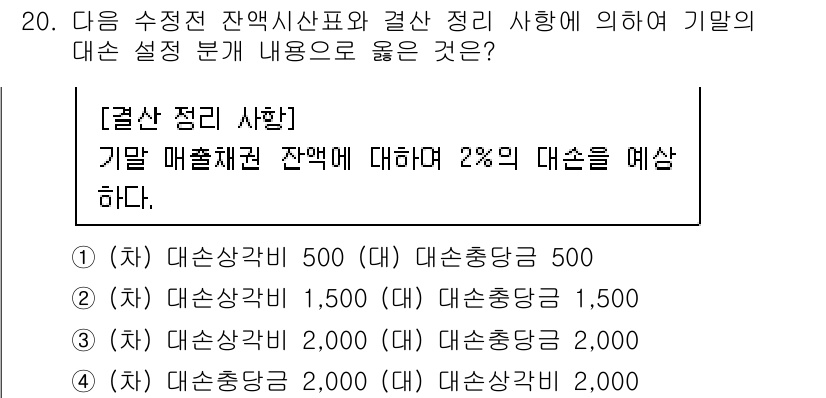 전산회계운용사_3급 2019년 20번 - 주어진 정보에 따르면 기말의 대손충당금은 매출채권 잔액의 2%를 예상해야... 에 관한 핵심 기출문제