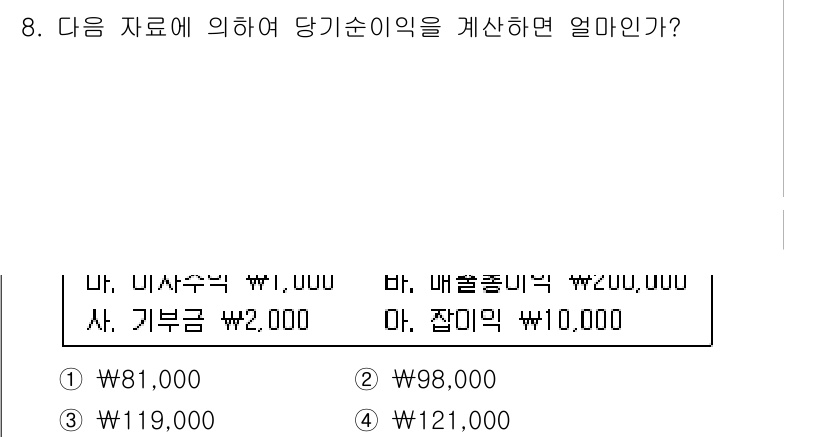 전산회계운용사_3급 2019년 8번 - 당기순이익은 수익에서 비용을 차감하여 계산합니다. 주어진 자료에서 매출액... 에 관한 핵심 기출문제