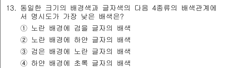 시각디자인산업기사 2019년 13번 - 해당 문제에서는 배경색과 글자색의 대비가 중요합니다. 색상 대비가 낮을수... 에 관한 핵심 기출문제