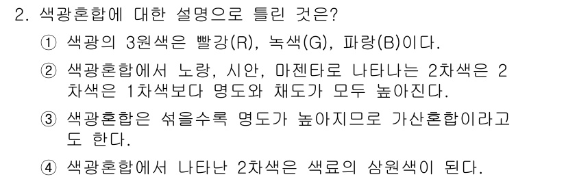 시각디자인산업기사 2019년 2번 - 정답 2번은 색광혼합에서 노랑, 마젠타, 사이안의 3차색이 결합되는 과정... 에 관한 핵심 기출문제