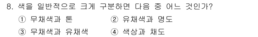 시각디자인산업기사 2019년 8번 - 색상은 색의 종류를 의미하며, 채도와 명도는 색의 특성을 나타냅니다. 따... 에 관한 핵심 기출문제