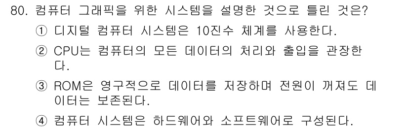 시각디자인산업기사 2019년 80번 - 디지털 컴퓨터 시스템은 10진수 체계를 기본으로 하여 작동하며, 이를 통... 에 관한 핵심 기출문제