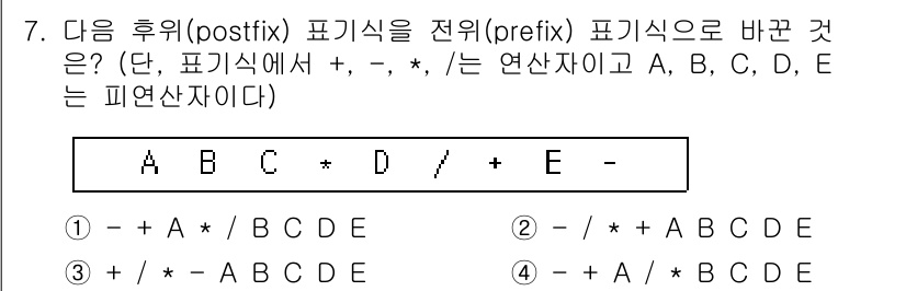 9급_국가직_공무원_컴퓨터일반 2017년 7번 - 후위 표기식에서 연산자와 피연산자의 순서가 바뀌므로, 먼저 연산자를 적용... 에 관한 핵심 기출문제
