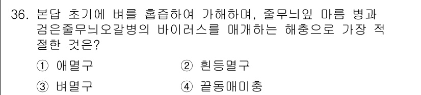 식물보호기사 2019년 36번 - . 애엽충

핵심 해설: 애엽충은 줄무늬 마름병과 검은줄무늬오갈병의 주요... 에 관한 핵심 기출문제