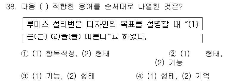 컬러리스트기사 2019년 38번 - . 

루이스 설리반의 디자인 목표 설명에서 "형태는 기능을 따른다"라는... 에 관한 핵심 기출문제