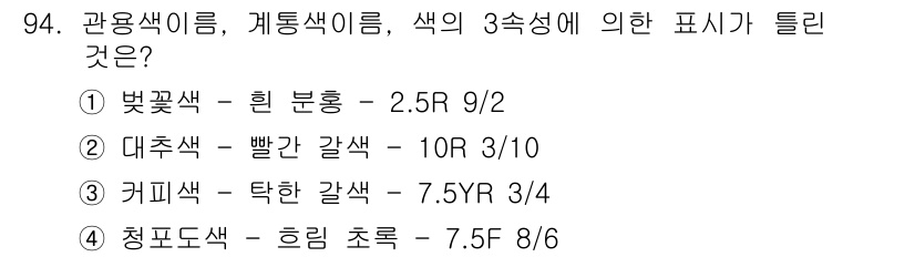 컬러리스트기사 2019년 94번 - 청프도는 색상, 채도, 명도 중 명도 값이 가장 높고, 색상이 분명히 표... 에 관한 핵심 기출문제