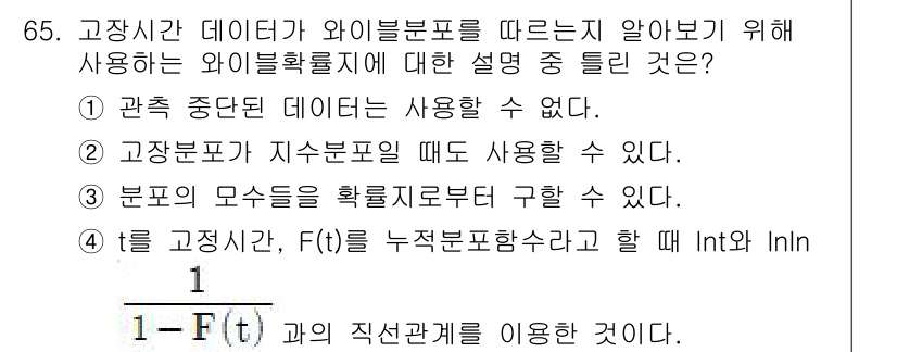 품질경영기사 2018년 66번 - 고장시간 데이터가 지수분포를 따르는 경우, 이를 확인하는 데 와이블 분포... 에 관한 핵심 기출문제