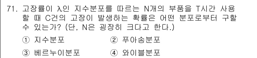 품질경영기사 2018년 72번 - . 와이 분포표

핵심 해설: 고장 발생이 서로 독립적이고 일어나는 횟수... 에 관한 핵심 기출문제