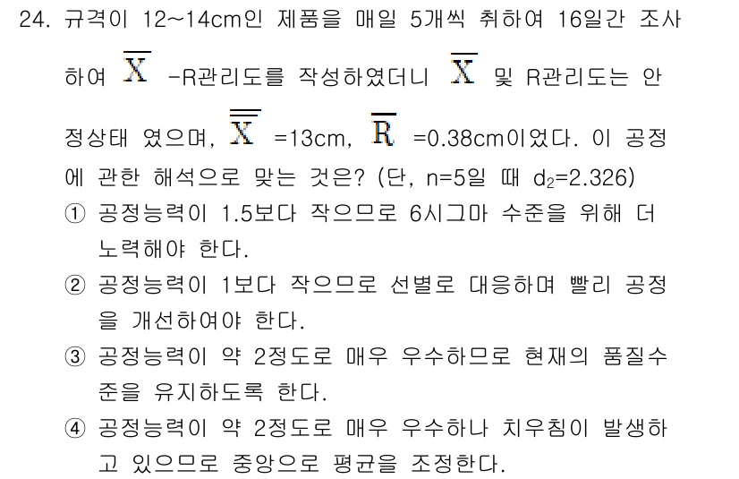 품질경영기사 2019년 24번 - 정답 3은 "공정비율이 1.5보다 크므로 6시그마 수준을 위해 더 보완되... 에 관한 핵심 기출문제