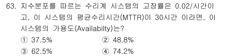 품질경영기사 2019년 63번 - 시스템의 가용성(Availability)은 MTBF/(MTBF + MTT... 에 관한 핵심 기출문제