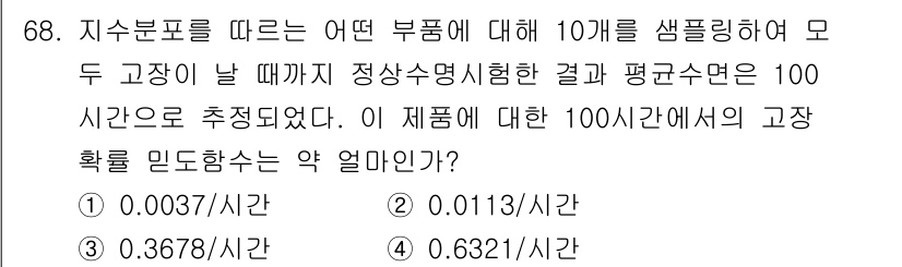품질경영기사 2019년 68번 - . 

이유: 지수분포의 특성에 따라 평균이 100시간인 경우, 고장 확... 에 관한 핵심 기출문제