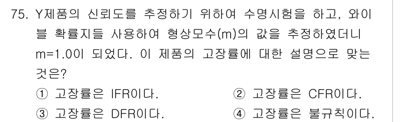 품질경영기사 2019년 75번 - 고장률 CFR(고장률)은 신뢰도에 반비례하며, Y 제품의 신뢰도를 추정하... 에 관한 핵심 기출문제