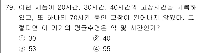 품질경영기사 2019년 79번 - 이 문제는 제품의 평균 고장 수명을 계산하는 것을 묻고 있습니다. 기록된... 에 관한 핵심 기출문제