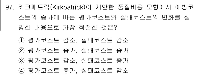 품질경영기사 2019년 97번 - Kirkpatrick의 모형에서 평가코스트의 증가는 일반적으로 실페코스트... 에 관한 핵심 기출문제