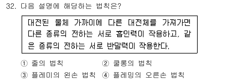 생산자동화산업기사 2019년 32번 - 주어진 설명은 대전된 물체에서 서로 반대 전하를 가진 경우에 작용하는 법... 에 관한 핵심 기출문제