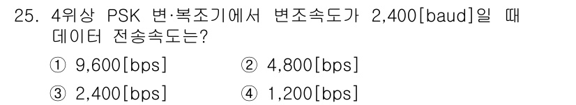 정보통신산업기사 2019년 25번 - 4위상 PSK 변조 방식에서는 심볼당 2비트의 정보를 전송할 수 있습니다... 에 관한 핵심 기출문제