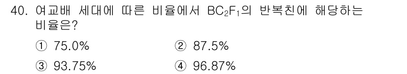 종자산업기사 2019년 40번 - BC2F의 반복 친화도는 여교배 세대에서 비율에 따라 87.5%로 나타납... 에 관한 핵심 기출문제
