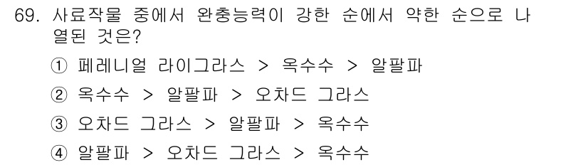 축산산업기사 2019년 69번 - 사료작물의 완충능력은 미네랄 성분과 물 흡수량에 따라 다릅니다. 알팔파는... 에 관한 핵심 기출문제