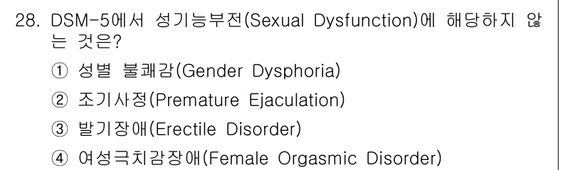 임상심리사_1급 2016년 28번 - 답은 ① 성별 불쾌감(Gender Dysphoria)입니다. 성별 불쾌감... 에 관한 핵심 기출문제