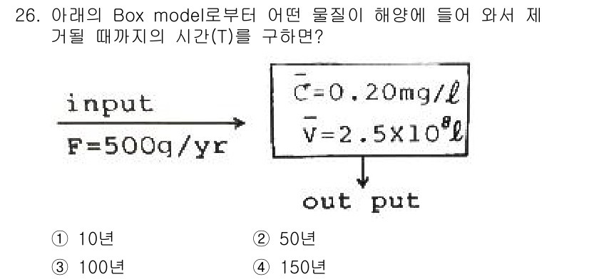 해양조사산업기사 2015년 26번 - 주어진 Box model에서 물질의 유입량과 유출량을 고려하여 물질의 농... 에 관한 핵심 기출문제