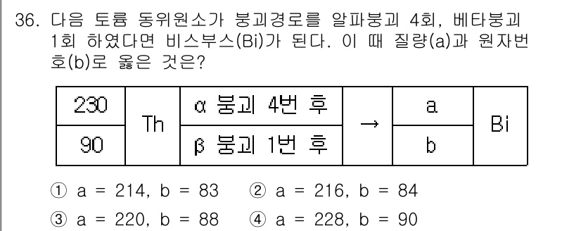 해양조사산업기사 2018년 36번 - 문제에서 주어진 값들을 통해 비스무스(Bi)의 동위 원소와 방사능 붕괴를... 에 관한 핵심 기출문제