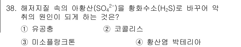 해양조사산업기사 2018년 38번 - . 황산염 박데리아

황산염 박데리아는 아황산 이온(SO₄²⁻)을 황화수... 에 관한 핵심 기출문제