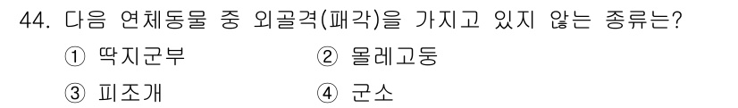 해양조사산업기사 2018년 44번 - 정답은 4번 군소입니다. 군소는 외골격이 없고 연체동물의 일종으로, 다른... 에 관한 핵심 기출문제
