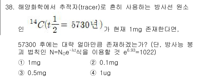 해양조사산업기사 2019년 38번 - 정답은 4. 1µg이다. 방사선 붕괴 법칙에 따라 시간에 따라 남아 있는... 에 관한 핵심 기출문제