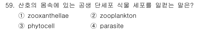 해양조사산업기사 2019년 59번 - 정답은 ① zooxanthellae입니다. Zooxanthellae는 조... 에 관한 핵심 기출문제