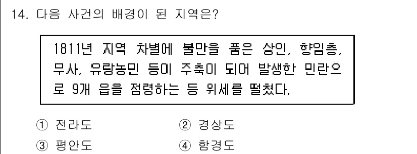 국내여행안내사_1차 2019년 14번 - 정답은 3. 평안도입니다. 1811년 지역 차별로 불만을 품은 상인, 향... 에 관한 핵심 기출문제