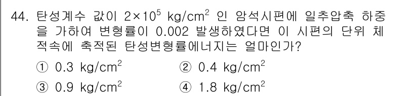 화약류관리산업기사 2015년 44번 - 탄성계수가 2 × 10^5 kg/cm²인 암석시편에서 0.002의 변형률... 에 관한 핵심 기출문제