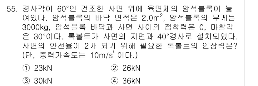 화약류관리산업기사 2017년 55번 - 이 문제는 암석 블록의 무게와 경사각을 고려하여 안정성을 평가하는 문제입... 에 관한 핵심 기출문제