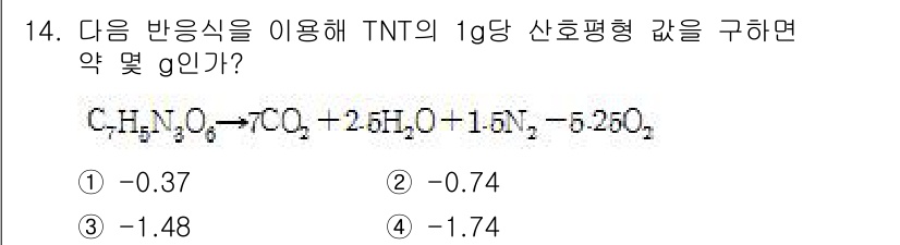 화약류관리산업기사 2019년 14번 - 주어진 반응식을 통해 TNT의 몰수와 반응에 관련된 생성물의 몰수를 고려... 에 관한 핵심 기출문제