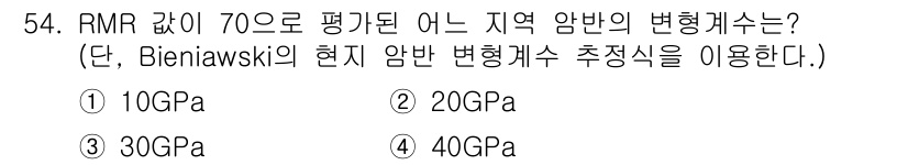 화약류관리산업기사 2019년 54번 - RMR(Rock Mass Rating) 값이 70일 때, Bieniaws... 에 관한 핵심 기출문제