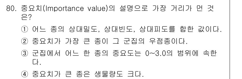 자연생태복원산업기사 2015년 80번 - 중요치(Importance value)는 특정 지역에서 생물 종의 생태적... 에 관한 핵심 기출문제