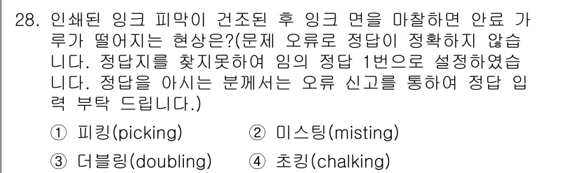 인쇄기능사 2015년 28번 - 정답은 1번 피킹(picking)입니다. 인쇄 과정에서 인쇄 잉크가 잘리... 에 관한 핵심 기출문제